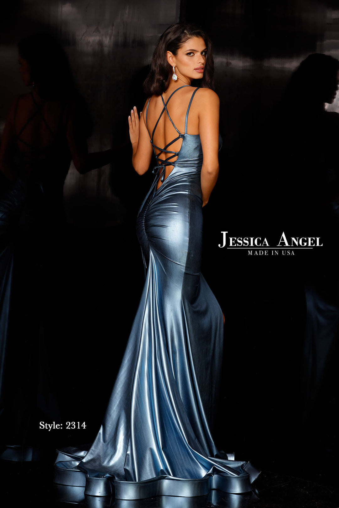 Metallic Fitted V-Neck Slit Gown by Jessica Angel 2314