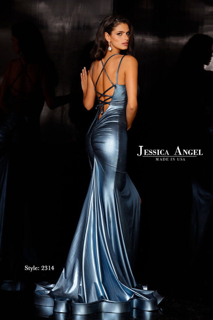 Metallic Fitted V-Neck Slit Gown by Jessica Angel 2314