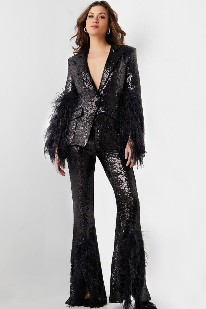 Glitter Feather Two Piece Pant Suit by Jovani 23162