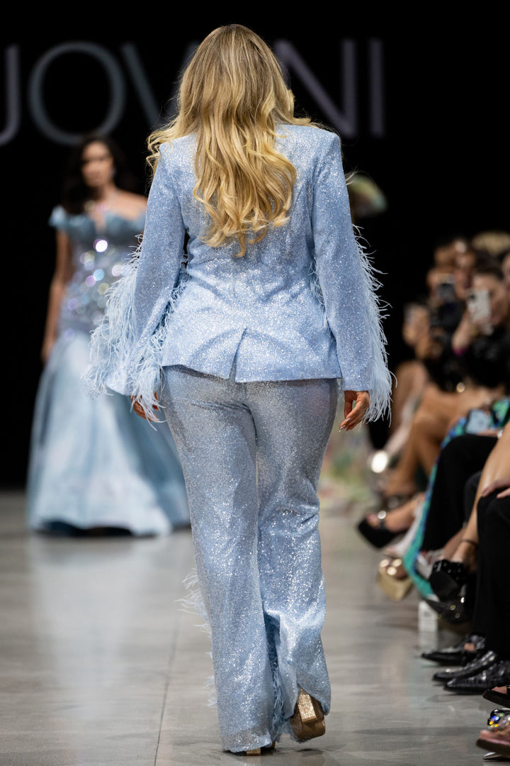 Glitter Feather Two Piece Pant Suit by Jovani 23162