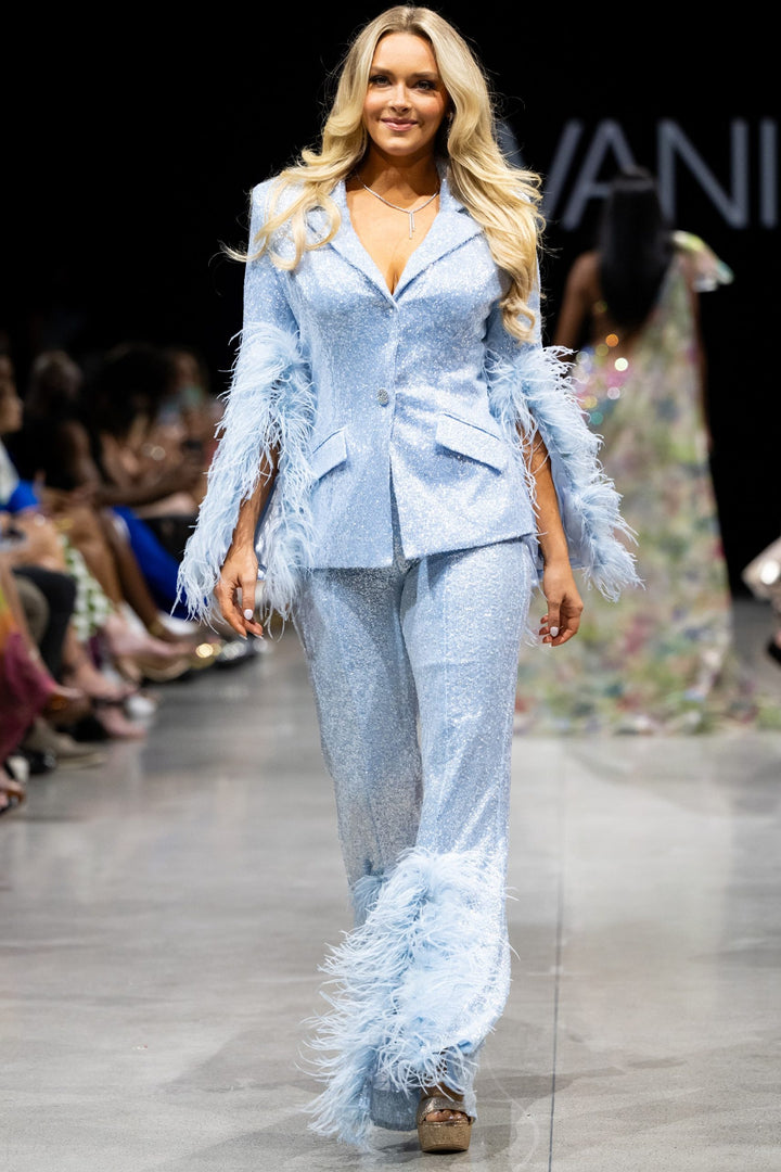 Glitter Feather Two Piece Pant Suit by Jovani 23162