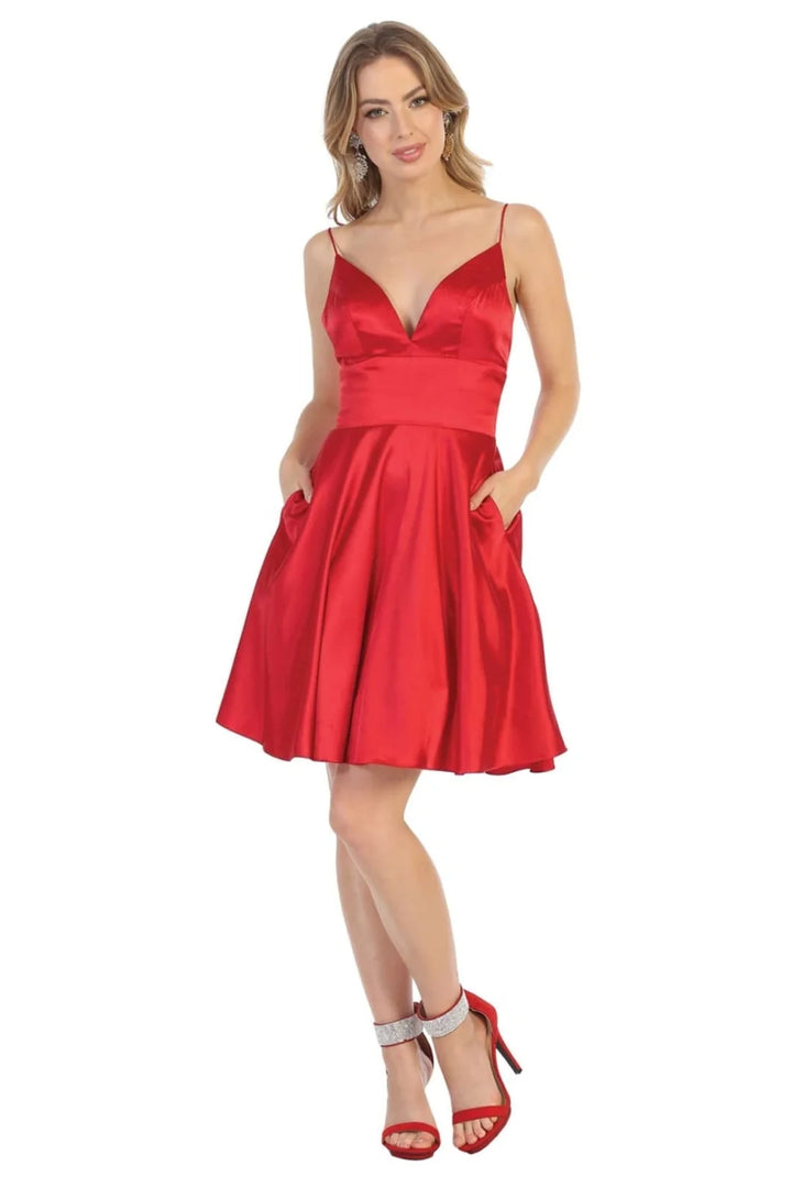 Satin Short V-Neck A-line Dress by May Queen MQ1770