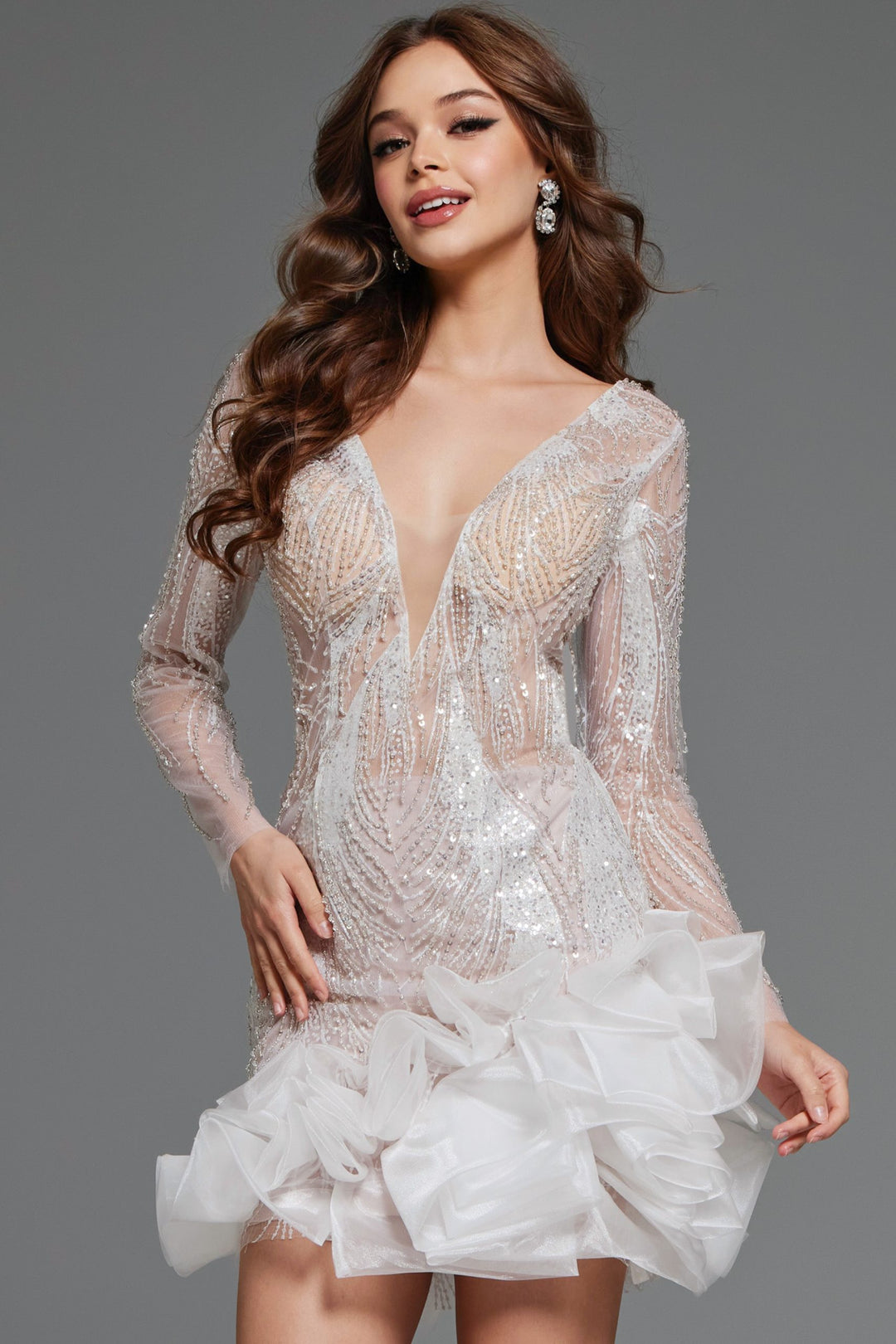 Long Sleeve Ruffled Cocktail Dress by Jovani 23727