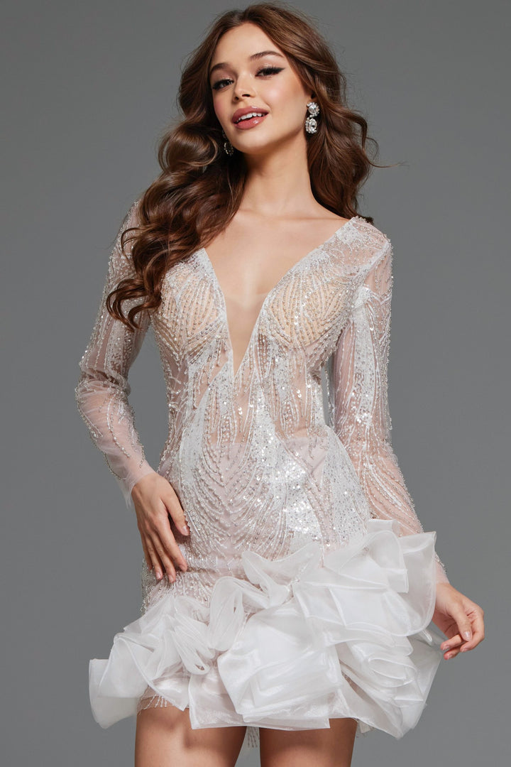 Long Sleeve Ruffled Cocktail Dress by Jovani 23727