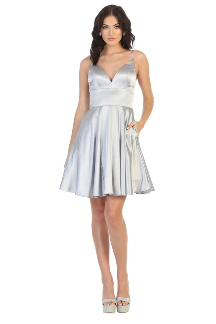 Satin Short V-Neck A-line Dress by May Queen MQ1770