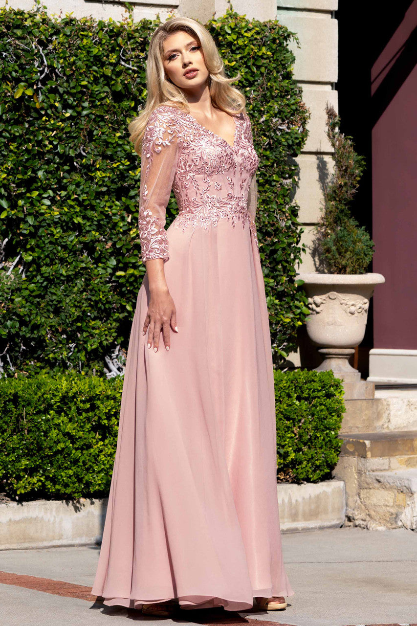 Applique Chiffon 3/4 Sleeve A-line Gown by Lenovia 8436