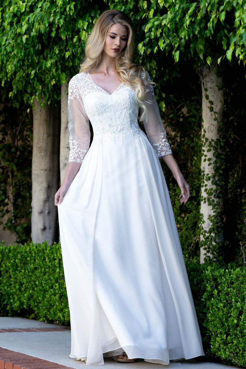 Applique Chiffon 3/4 Sleeve A-line Gown by Lenovia 8436 M / Off White