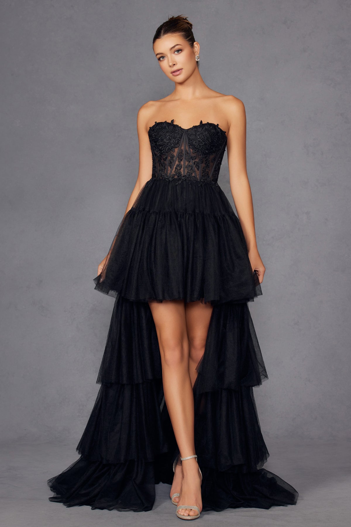 Applique Strapless High Low Gown by Juliet JT2488S Black / 12 Applique Strapless High Low Gown by Juliet JT2488S Black / 12