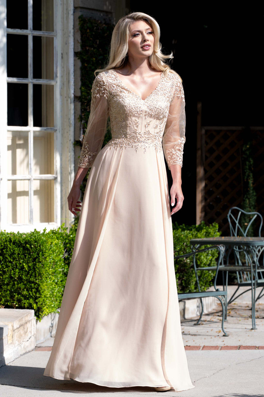 Applique Chiffon 3/4 Sleeve A-line Gown by Lenovia 8436 – ABC Fashion