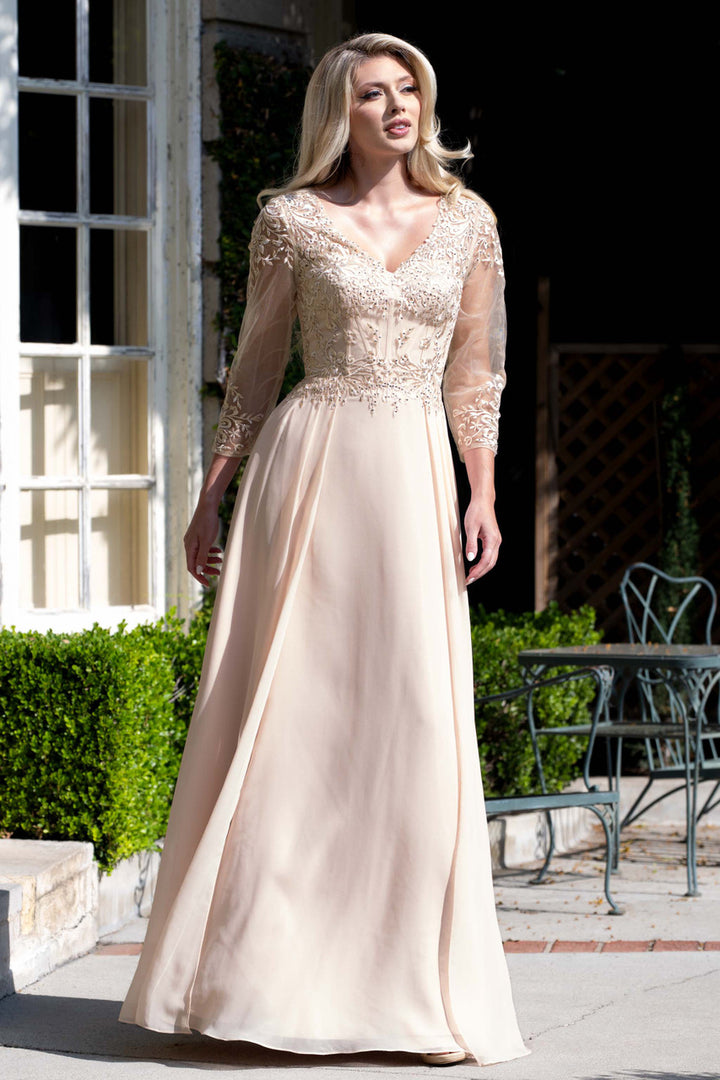 Applique Chiffon 3/4 Sleeve A-line Gown by Lenovia 8436