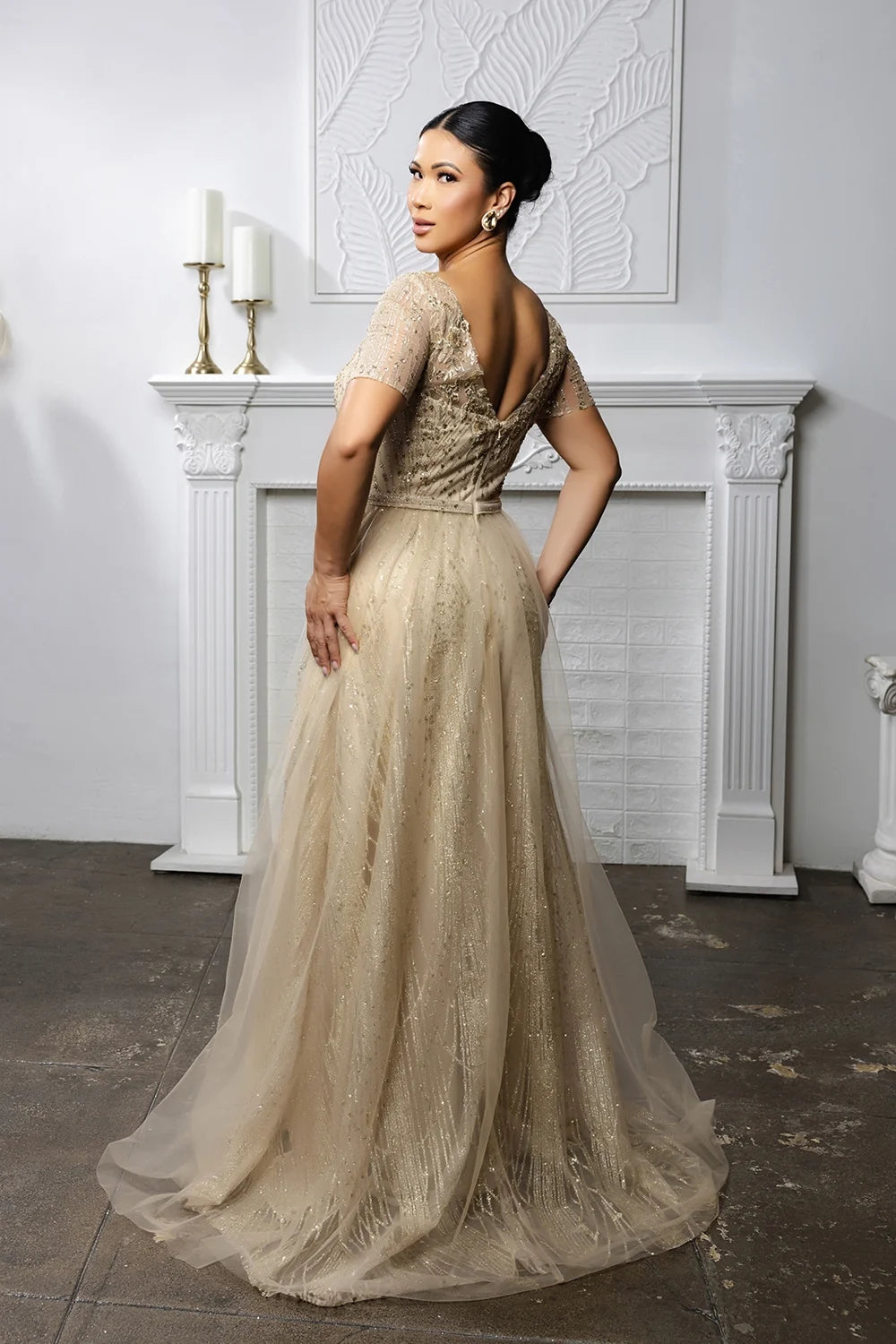 Glitter Short Sleeve A-line Gown by May Queen MQ2185
