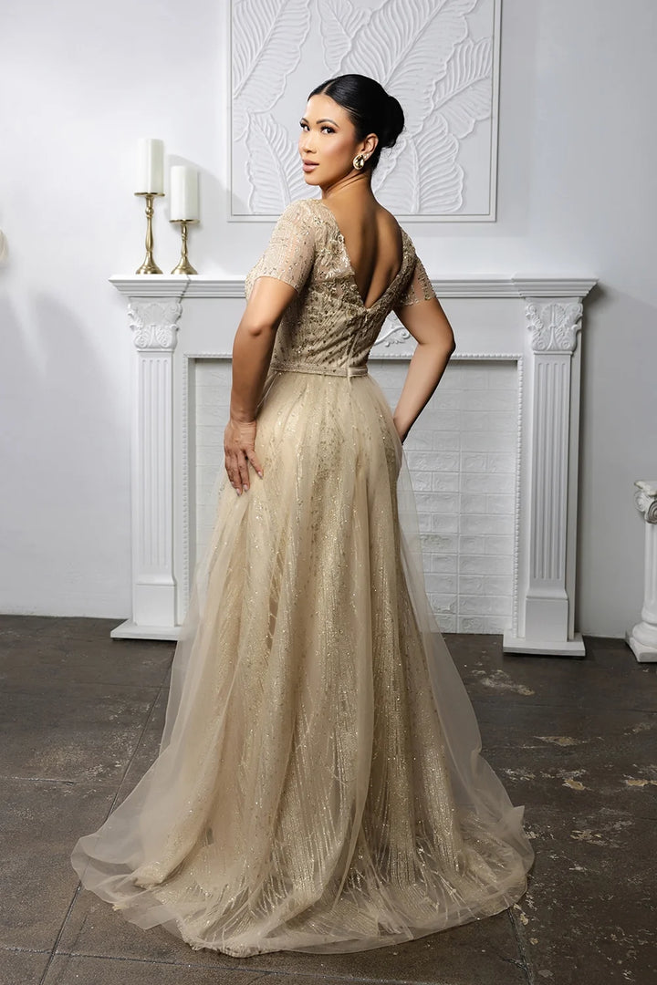 Glitter Short Sleeve A-line Gown by May Queen MQ2185