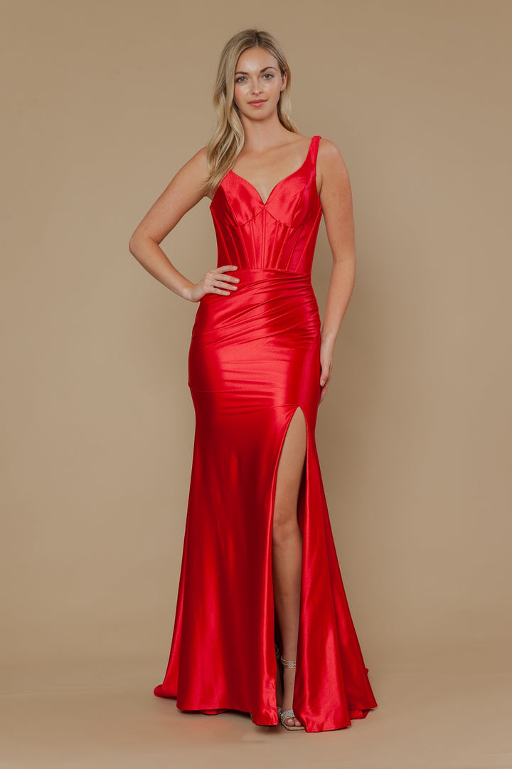 Satin Fitted Sleeveless Slit Gown by Poly USA 25006