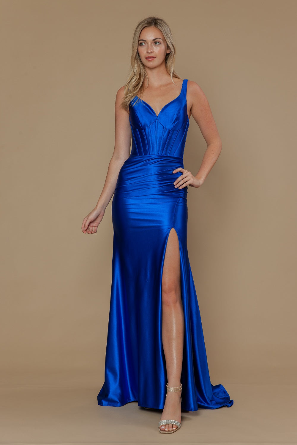 Satin Fitted Sleeveless Slit Gown by Poly USA 25006