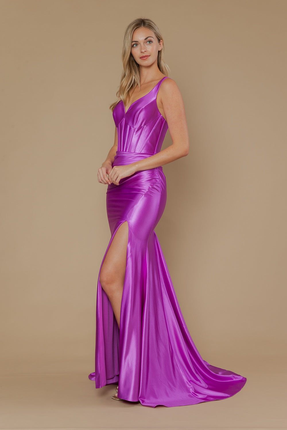 Satin Fitted Sleeveless Slit Gown by Poly USA 25006