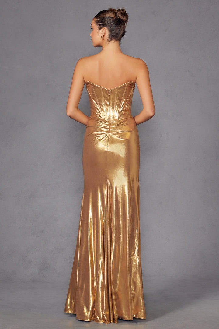 Metallic Strapless Slit Gown by Juliet JT2500A