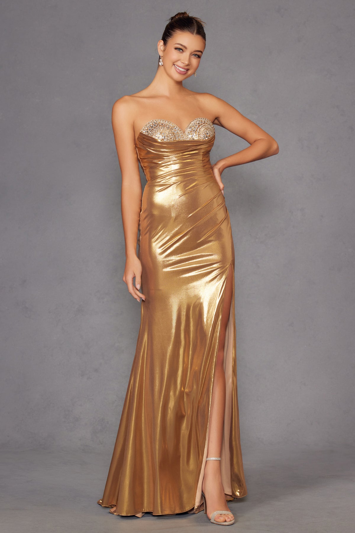 Beaded Metallic Strapless Slit Gown by Juliet JT2501A – ABC Fashion