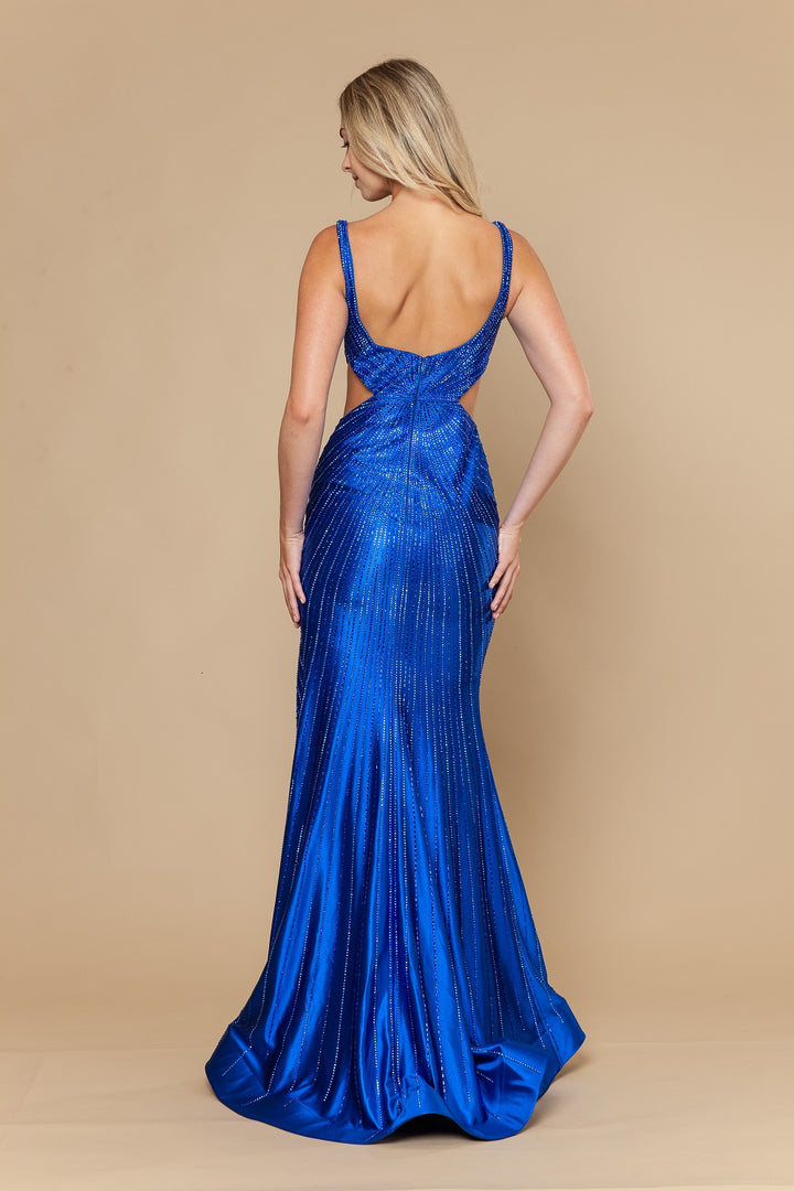 Beaded Satin V-Neck Slit Gown by Poly USA 25026