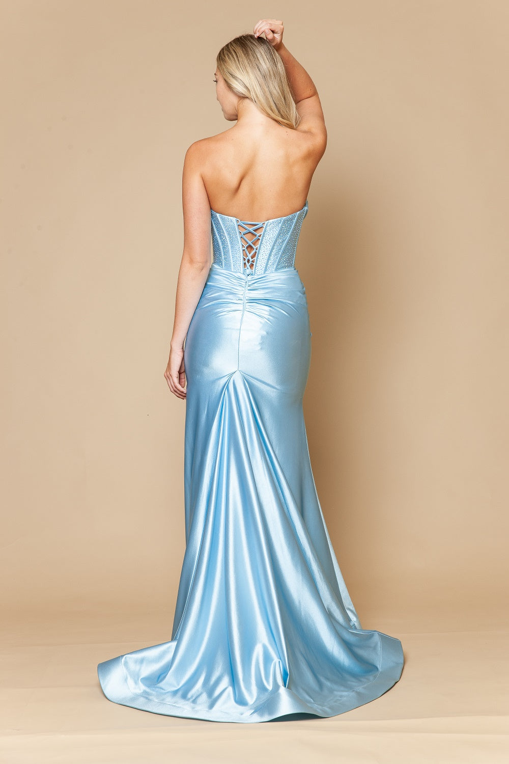 Beaded Satin Strapless Slit Gown by Poly USA 25034