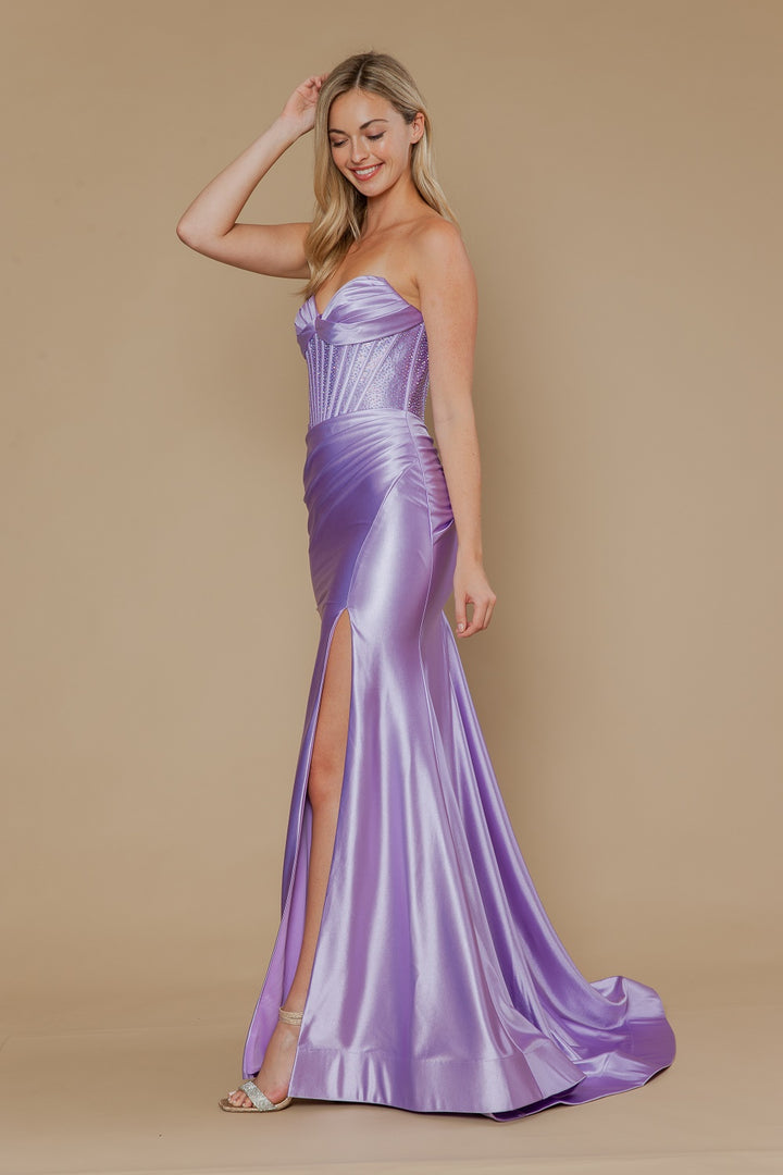 Beaded Satin Strapless Slit Gown by Poly USA 25034