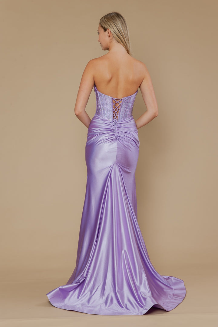 Beaded Satin Strapless Slit Gown by Poly USA 25034