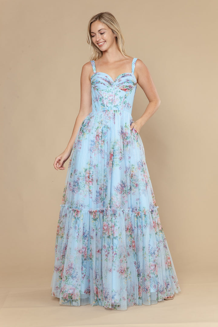 Floral Print Sleeveless A-line Gown by Poly USA 25038