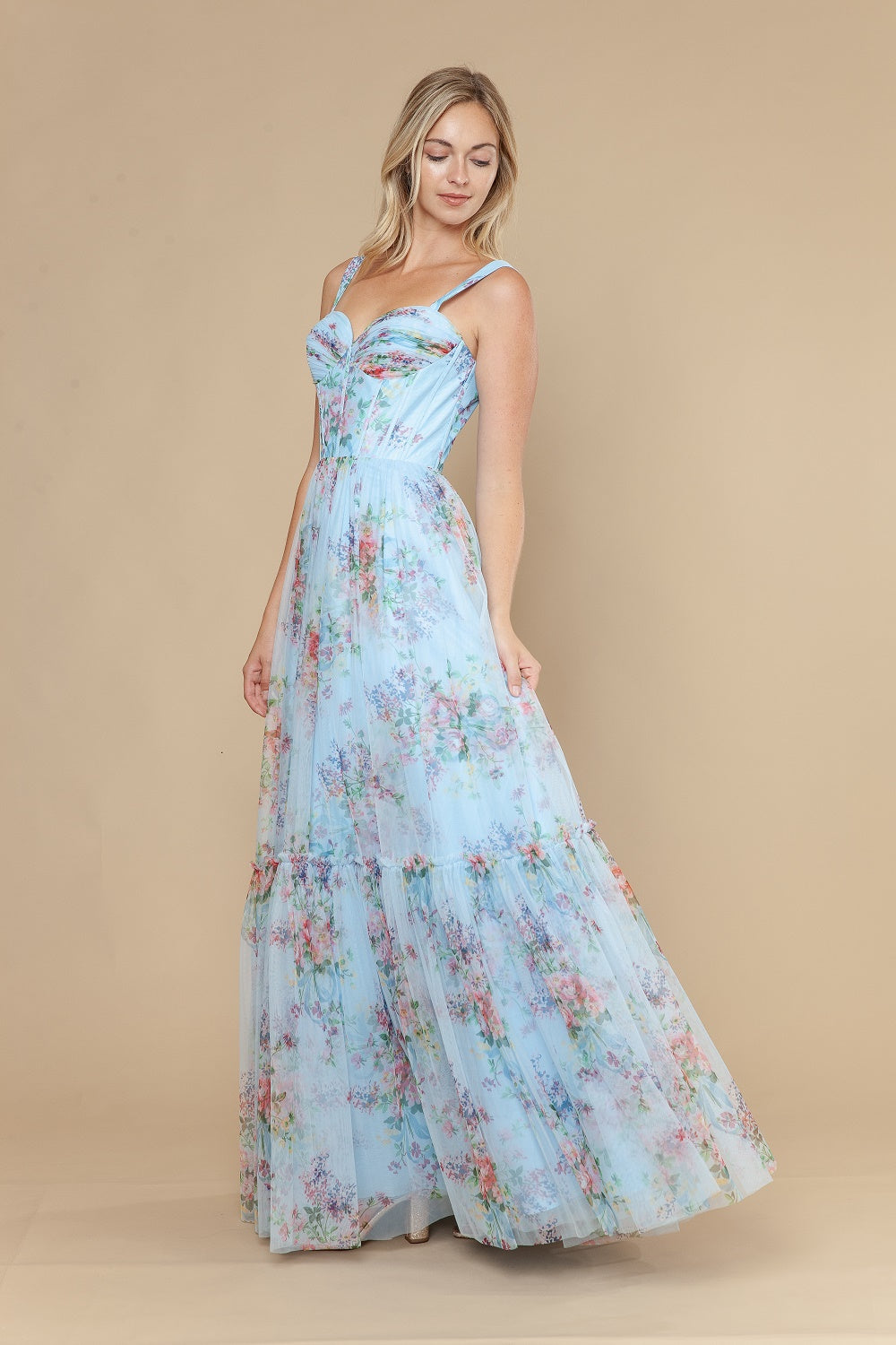 Floral Print Sleeveless A-line Gown by Poly USA 25038