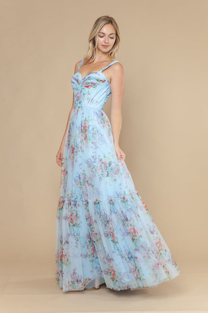 Floral Print Sleeveless A-line Gown by Poly USA 25038