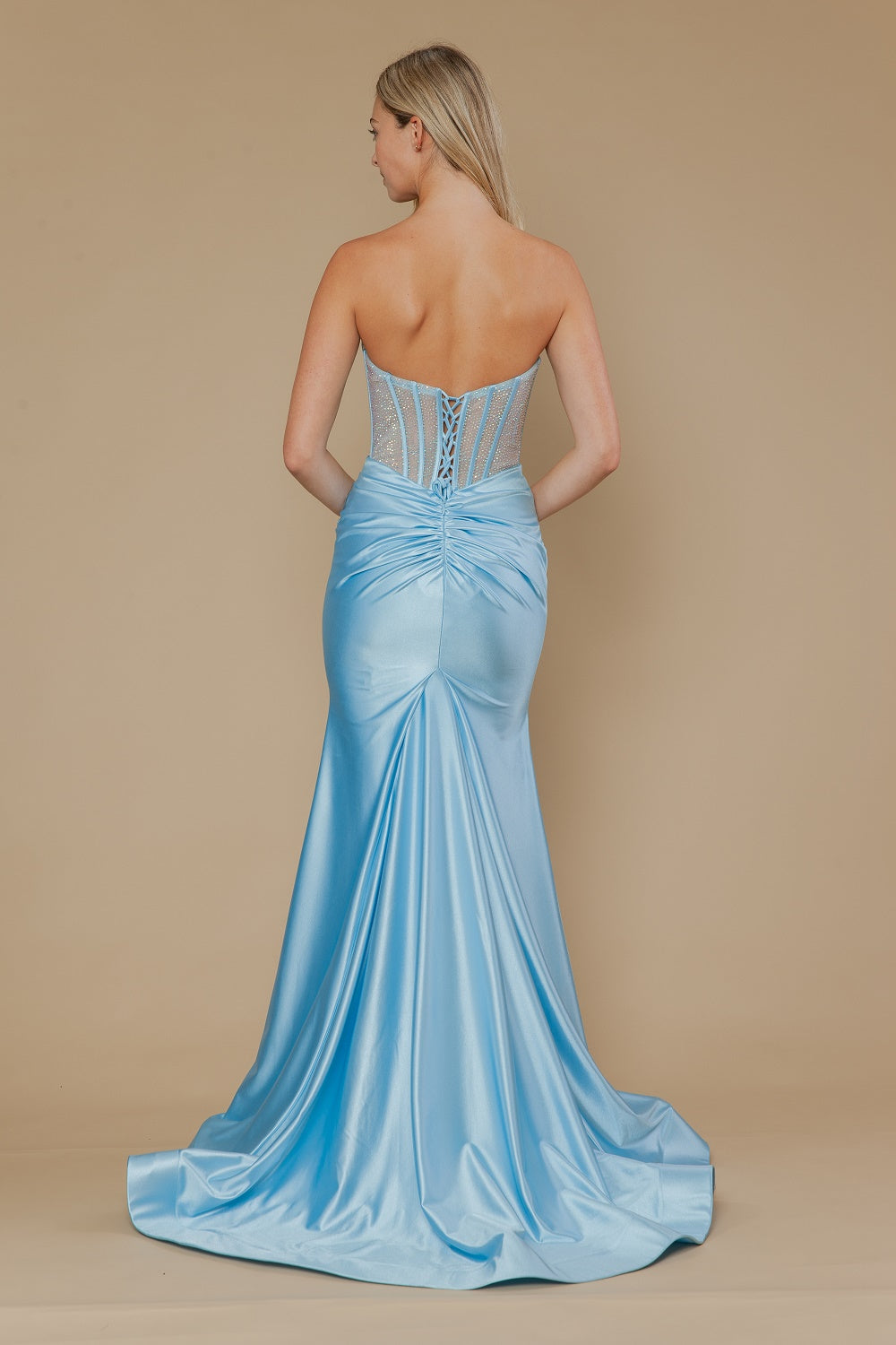 Beaded Satin Strapless Slit Gown by Poly USA 25042