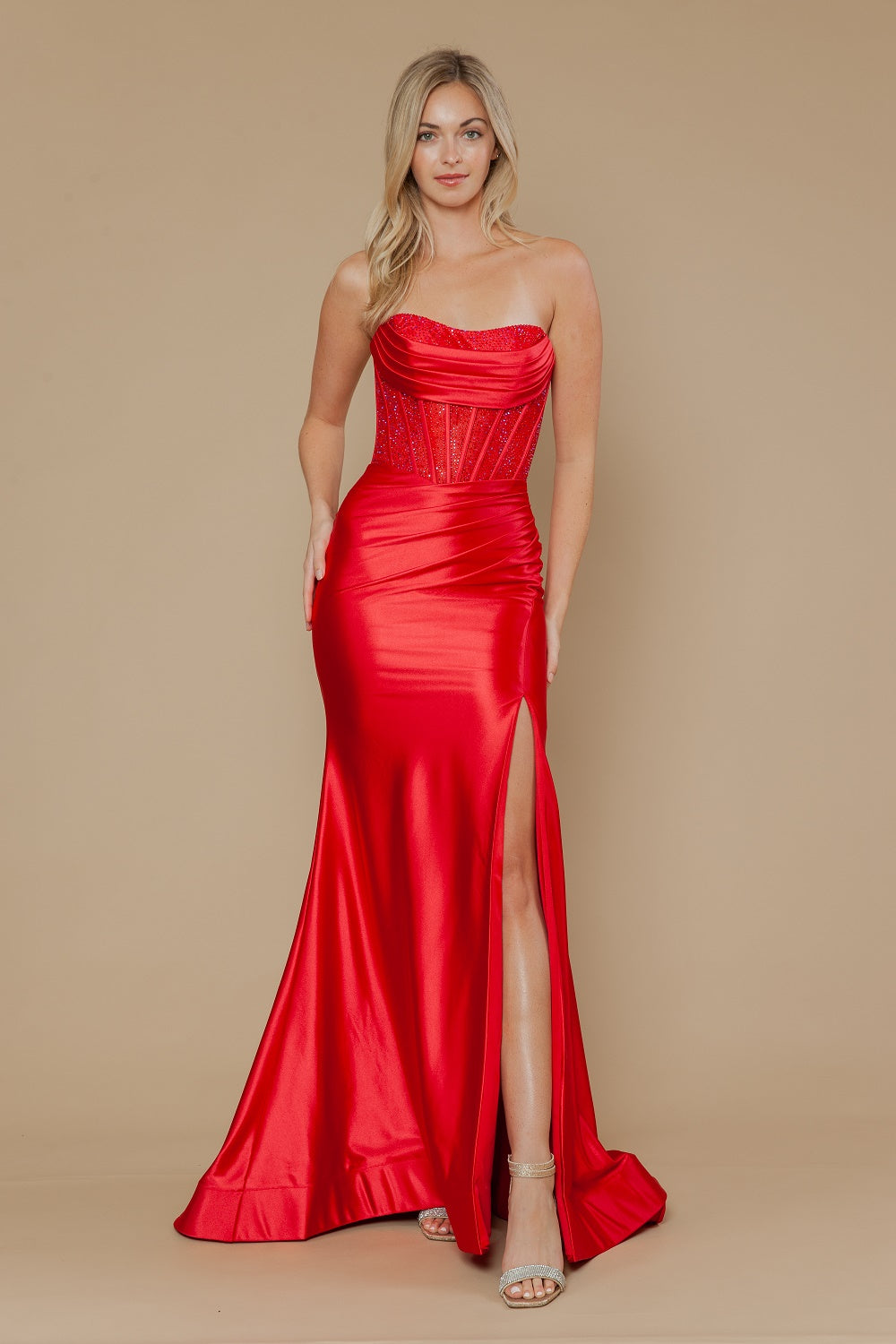 Beaded Satin Strapless Slit Gown by Poly USA 25042