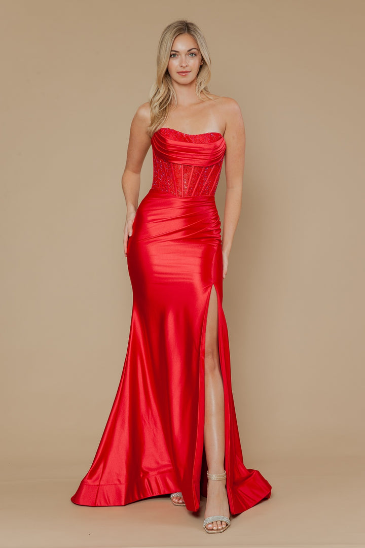 Beaded Satin Strapless Slit Gown by Poly USA 25042