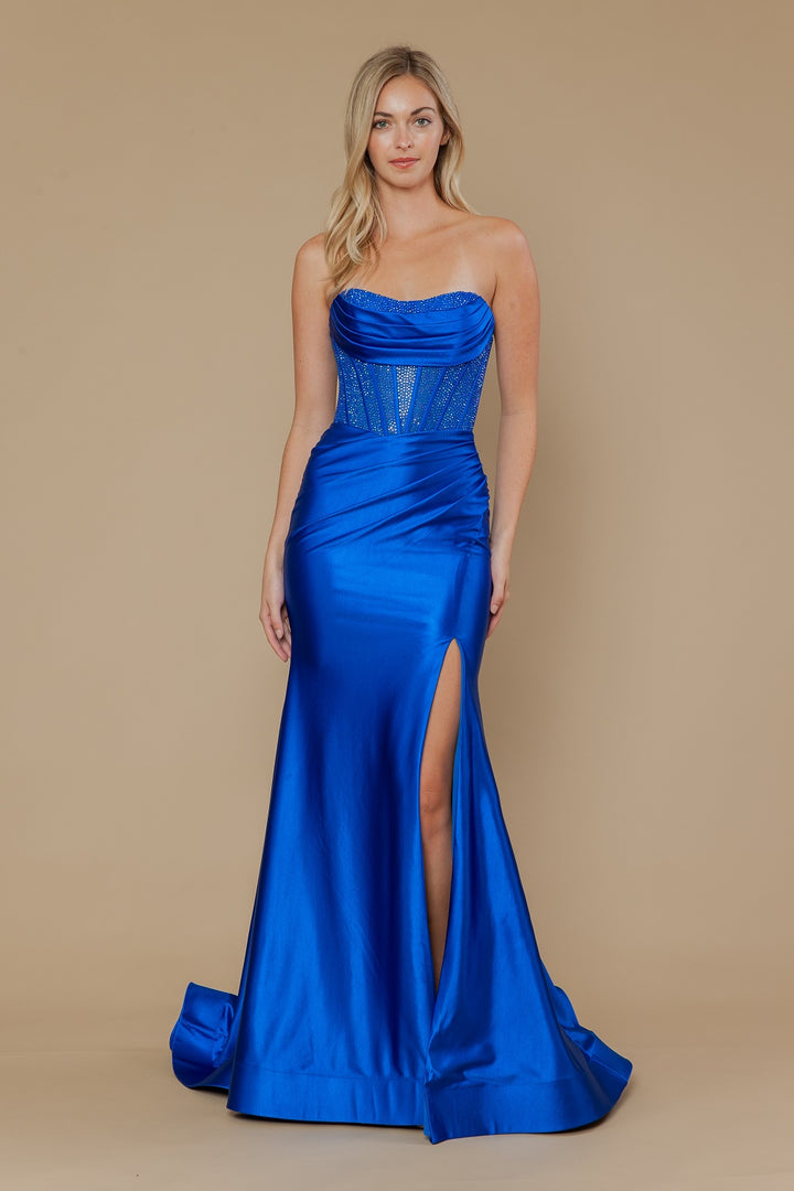 Beaded Satin Strapless Slit Gown by Poly USA 25042