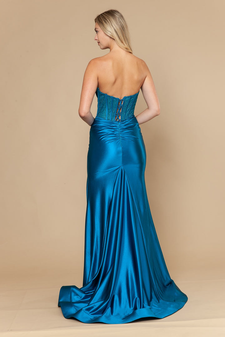 Beaded Satin Strapless Slit Gown by Poly USA 25042