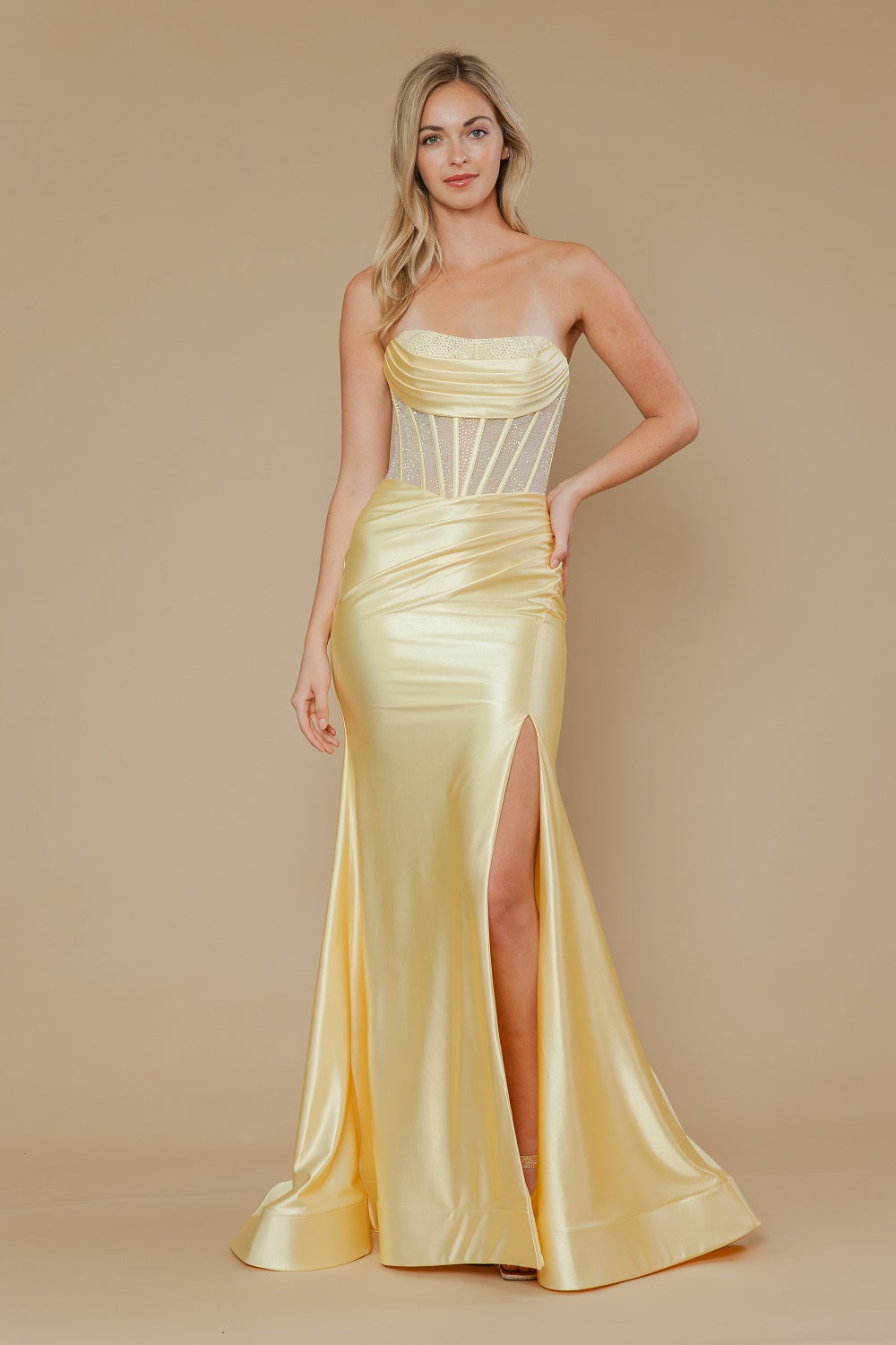 Beaded Satin Strapless Slit Gown by Poly USA 25042
