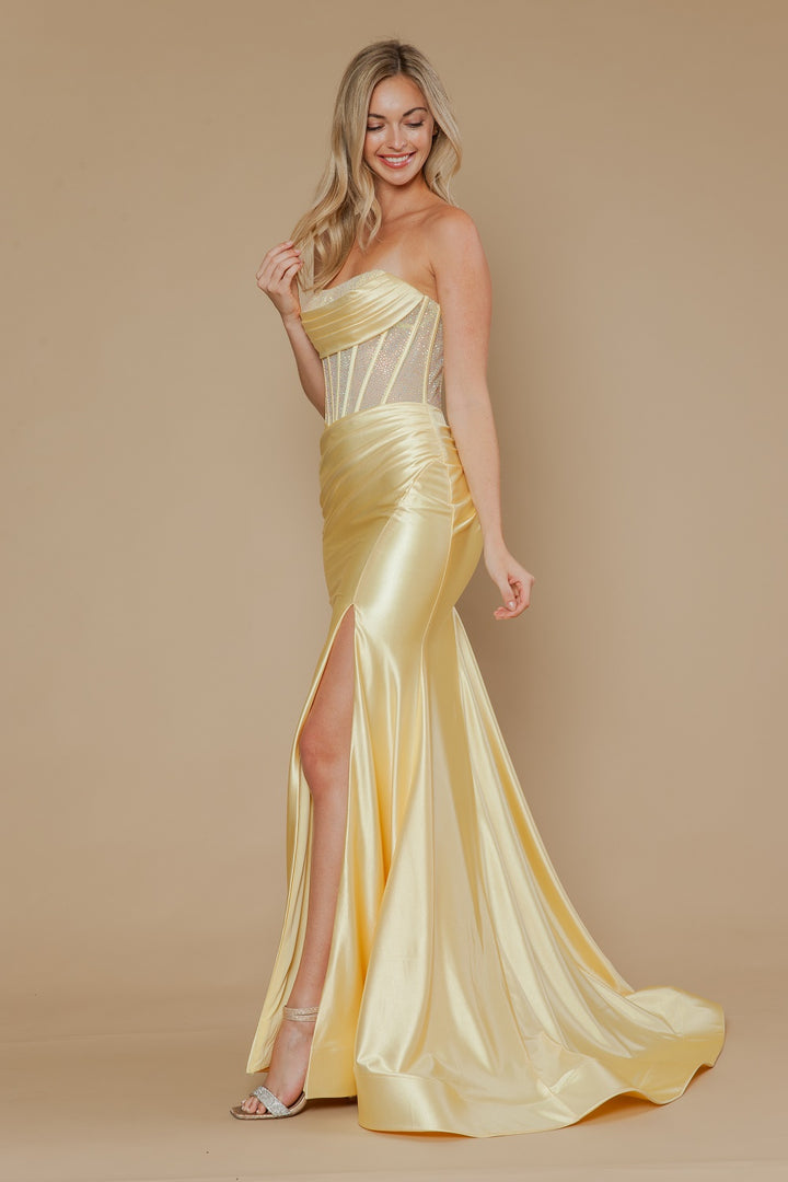 Beaded Satin Strapless Slit Gown by Poly USA 25042