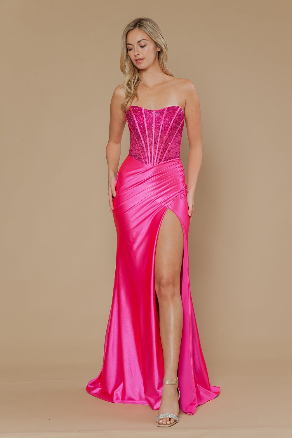 Beaded Satin Strapless Slit Gown by Poly USA 25044