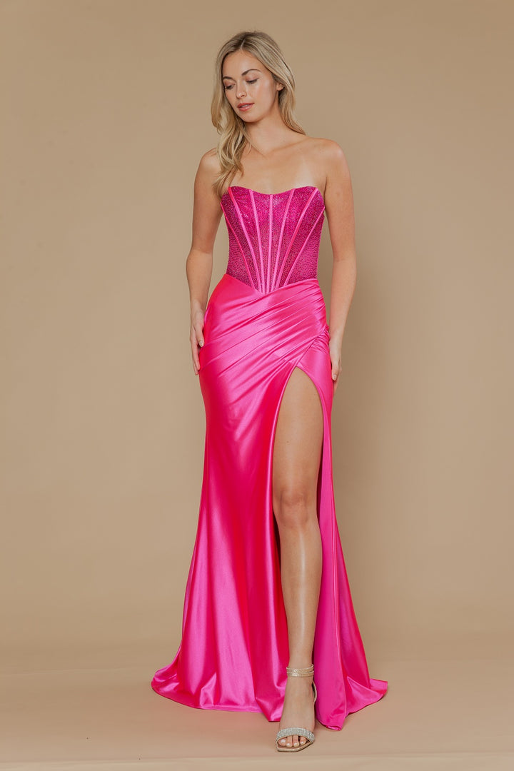 Beaded Satin Strapless Slit Gown by Poly USA 25044