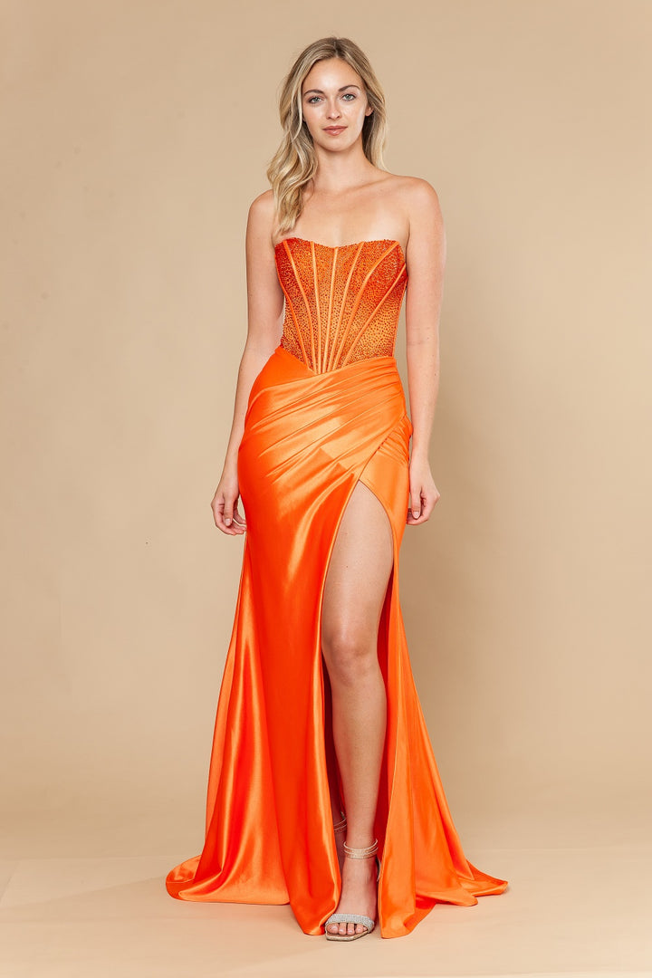 Beaded Satin Strapless Slit Gown by Poly USA 25044