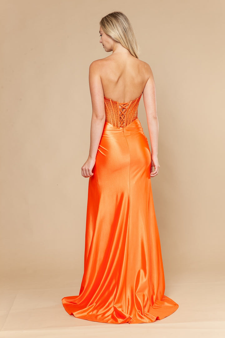 Beaded Satin Strapless Slit Gown by Poly USA 25044