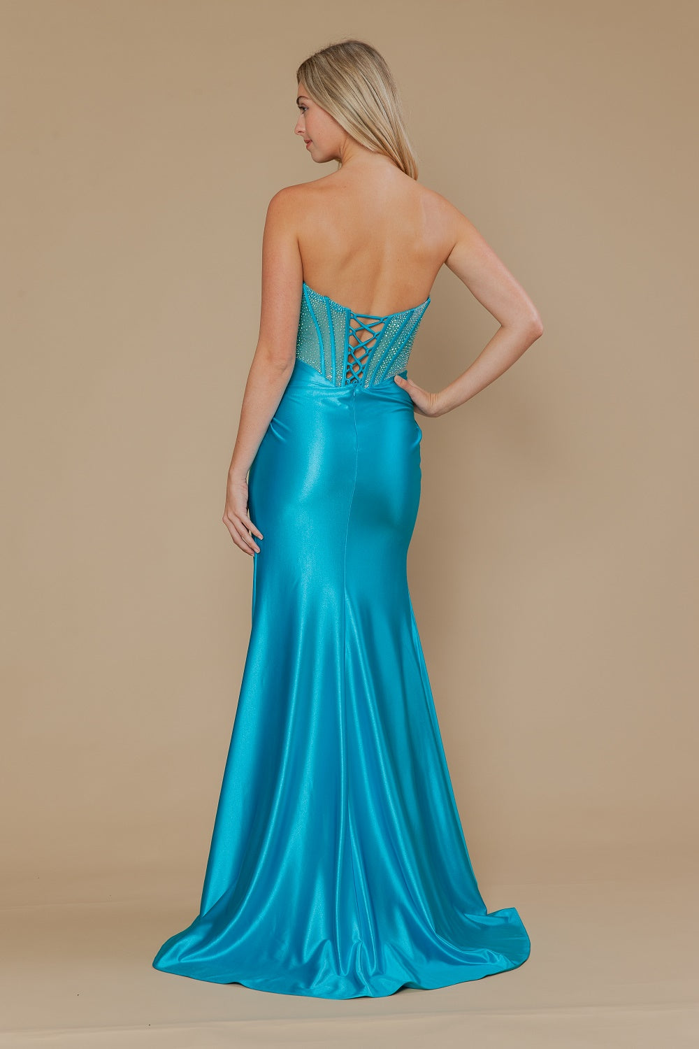Beaded Satin Strapless Slit Gown by Poly USA 25044