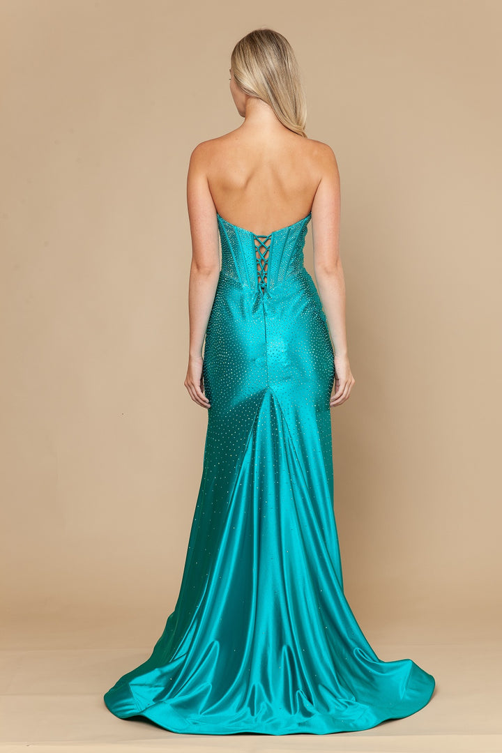 Beaded Satin Strapless Slit Gown by Poly USA 25046