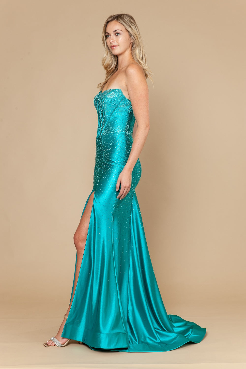 Beaded Satin Strapless Slit Gown by Poly USA 25046