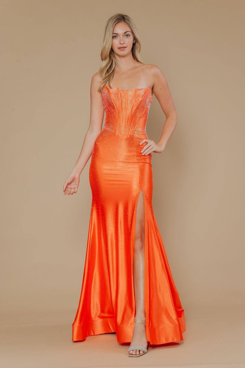 Beaded Satin Strapless Slit Gown by Poly USA 25046