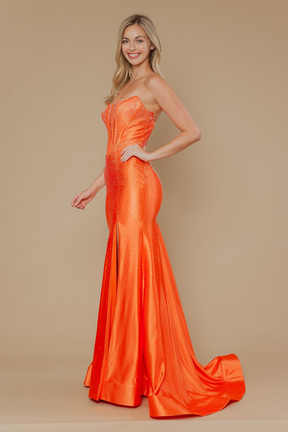 Beaded Satin Strapless Slit Gown by Poly USA 25046