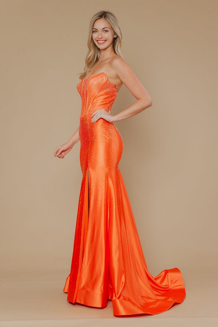 Beaded Satin Strapless Slit Gown by Poly USA 25046