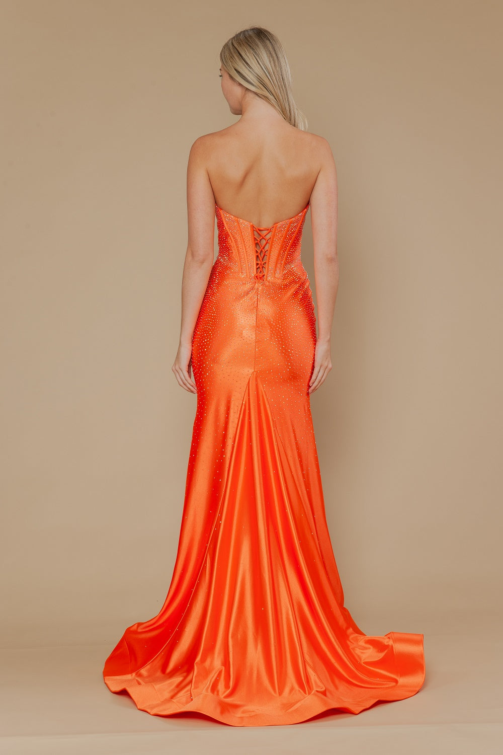 Beaded Satin Strapless Slit Gown by Poly USA 25046