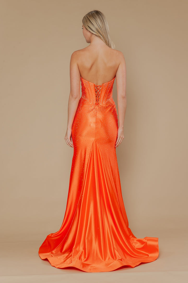 Beaded Satin Strapless Slit Gown by Poly USA 25046