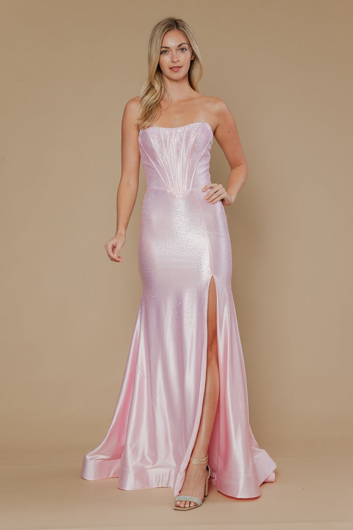 Beaded Satin Strapless Slit Gown by Poly USA 25046