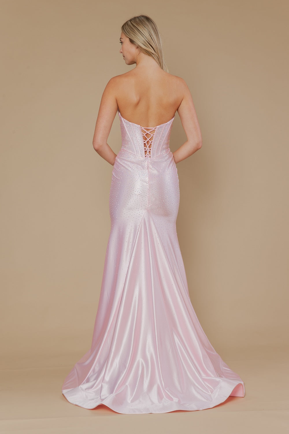 Beaded Satin Strapless Slit Gown by Poly USA 25046