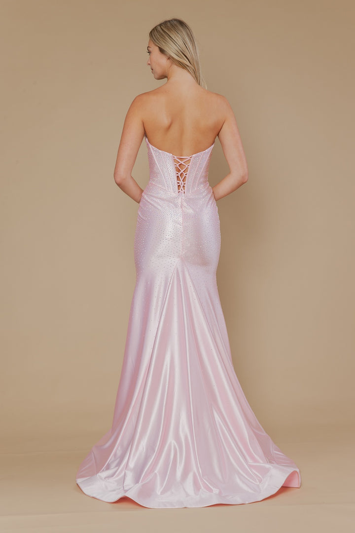 Beaded Satin Strapless Slit Gown by Poly USA 25046
